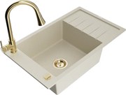Mexen Elias granitový jednokomorový drez s odkvapkávačom a kuchynskou batériou Elia, Béžová - 6511-69-670101-50