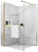 Rea Aero, sprchová zástena typu Walk-In 90cm, 8mm číre sklo, zlatý lesklý profil + polička a vešiak EVO, KPL-K8442
