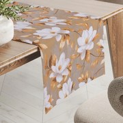 Biante Bavlnený behúň na stôl Sandra SA-717 Biele kvety magnólie na hnedosivom 35x140 cm