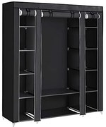 Veľká látková skriňa, 1 závesná tyč, 12 políc, 175x150x45cm, čierna