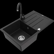 Mexen Bruno granitový jednokomorový drez s odkvapkávačom a kuchynskou batériou Telma, čierna - 6513-77-670200-70