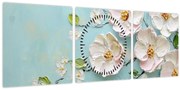 Obraz - Kvietky na modrom pozadí (s hodinami) (90x30 cm)