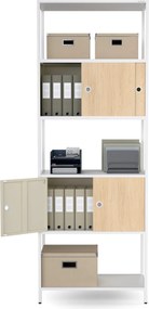 Regál na šanóny s uzamykateľnou skrinkou, kancelársky, otvorené police, kovový biely/dub sonoma, 800x2200x400 mm: ARIEL Eco Design