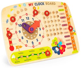 Drevená manipulačná doska pre deti, kalendár s hodinami, ECOTOYS