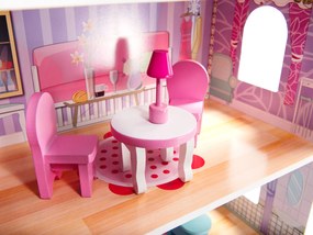 KIK MDF drevený domček pre bábiky + nábytok 70cm ružový LED