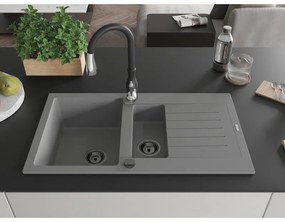 Mexen Matias, 1,5-komorový granitový drez 900x505x200 mm a drezová batéria Savita, šedá, 6502-71-672601-70-B