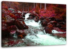 Obraz na plátně Horský potoční les červený - 100x70 cm