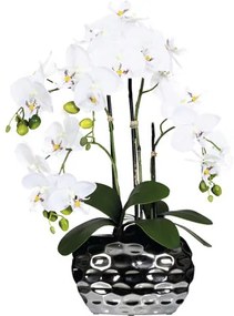 Umelá orchidea phalaenopsis 4 výhonky 55 cm biela v oválnej striebornej váze 20x11x13 cm