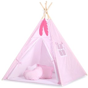 Bobono Stan Teepee pre deti + hracia podložka + vankúše + ozdobné perie - Biele bodky na ružovej