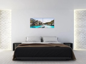 Obraz - Pláž s plachetnicou (120x50 cm)