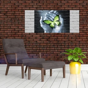 Obraz - Zelený motýľ v stene (120x50 cm)