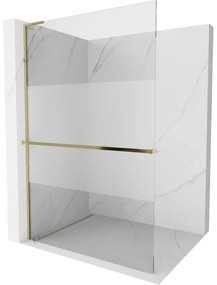 Mexen Kioto+ L, sprchová zástena Walk-In s poličkou a vešiakom 100 x 200 cm, 8mm číre sklo-námraza, zlatý lesklý profil,800-100-123-50-35