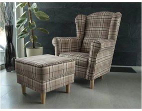 Kondela Kreslo, ušiak s taburetom, hnedé káro látka, ASTRID