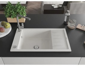 Mexen Elias, 1-komorový granitový drez 795x480x200 mm a drezová batéria Flora, biela, 6511-20-670401-06