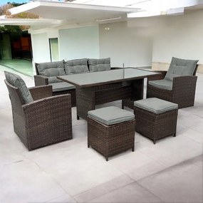 Ratanová súprava so stolíkom, pohovkou a 2 kreslami - hnedá + sivé vankúše