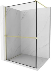 Mexen Kioto+, sprchová zástena Walk-In s poličkou a vešiakom 110 x 200 cm, 8mm číre sklo čierny vzor, zlatý matný profil, 800-110-121-55-70