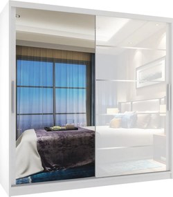 Šatníková skriňa 200 cm Belini biely mat / biely lesk s posuvnými dverami zrkadlom a zásuvkami  MGB SZP5/1/W/1L5W/KLAL