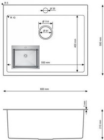 Erga HD, 1-komorový oceľový drez 600x500x210 mm, oceľová, ERG-MLS-HD6050X