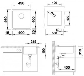 Blanco Subline 400-U, silgranitový drez pod pracovnú dosku 400x400x190 mm, 1-komorový, čierna, BLA-525990