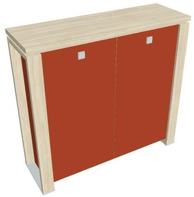 Stredná skriňa Verno+ S 140 x 46 x 130 cm, sklenené dvere, agát / oranžová