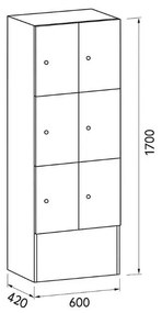 Drevená odkladacia skrinka s úložnými boxami, 6 boxov, 1700 x 600 x 420 mm, cylindrický zámok, breza