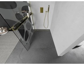 Mexen Kioto+ L, sprchová zástena Walk-In s poličkou a vešiakom 120 x 200 cm, 8mm číre sklo biely vzor, zlatý lesklý profil,800-120-123-50-97