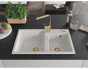Mexen Tomas, granitový drez 800x500x190 mm, 2-komorový a zlatá batéria Rita, biela, 6516-20-670300-50