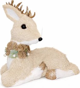 DECOLED Dekorace jelen, 30 × 15 × 26 cm, PVC a plyš, béžový