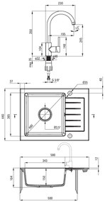 Deante Zorba, granitový drez 580x440x164 mm Z/KO, 3,5" + priestorovo úsporný sifón, 1-komorový + Nemezja batéria, atracitová metalíza, ZQZAT11A