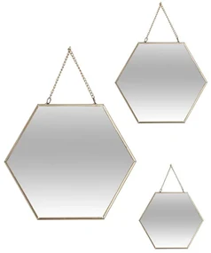 Závesné zrkadlo Hexagon, zlaté, sada 3ks
