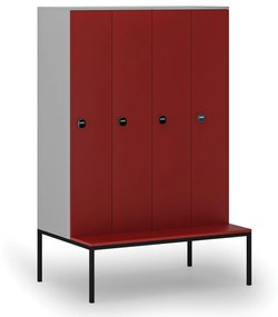 Drevená šatníková skrinka s lavičkou, 4 oddiely, 1871 x 1200 x 500/800 mm, RFID zámok, sivá / červená