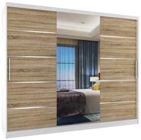 Šatníková skriňa 232 cm Belini biely mat / dub sonoma s posunými dverami zrkadlom a zásuvkami  MBP SZP8/0/1W/2DS1L/0/KLAL