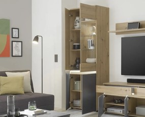 Vysoká vitrína Lille, dub artisan/antracit, s osvetlením