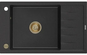 Mexen Elias, granitový drez granitový 795x480x200 mm, 1-komorový, čierna-strieborná metalíza so zlatým sifónom, 6511791005-73-G