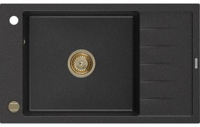 Mexen Elias, granitový drez granitový 795x480x200 mm, 1-komorový, čierna-strieborná metalíza so zlatým sifónom, 6511791005-73-G