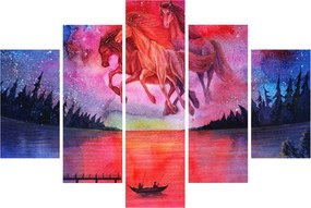 Obraz - Zjavenie vesmírnych koní nad jazerom, aquarel (150x105 cm)