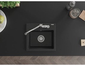 Mexen Milo, granitový drez 435x410x171 mm, 1-komorový a drezová batéria Carla, čierna-strieborná metalíza, 6505-73-670700-00