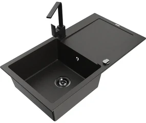 Mexen Leo, drez granitový 900x500x190 mm, 1-komorový, čierna - zlatá metalíza s čiernym sifónom a čierna drezová batéria Rita, 6501-75-670300-70-B