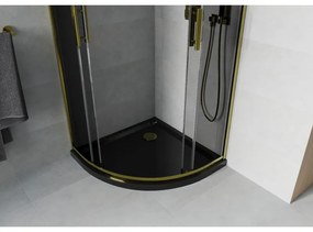 Mexen Rio, štvrťkruhový sprchovací kút s posuvnými dverami 90(dvere) x 90(dvere) x 190 cm, 6mm šedé sklo, zlatý profil + čierna sprchová vanička SLIM, 863-090-090-50-40-4170G