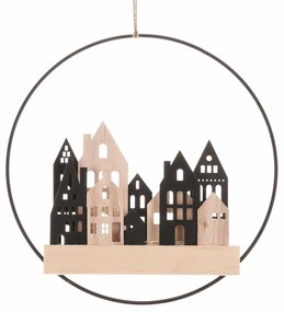 Závesná LED dekorácia Domčeky v kruhu čierna, pr. 28 cm
