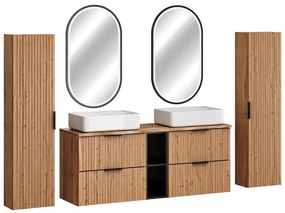 Kúpeľňová zostava Casad Magic s doskou, umývadlami, skrinkami a LED zrkadlom 140 cm dub wotan