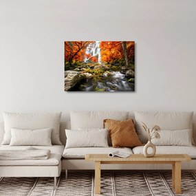 Sklenený obraz - Vodopády v oranžovom lese (70x50 cm)