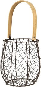 Hnedý drôtený košík s dreveným držadlom - Ø15*19/36 cm