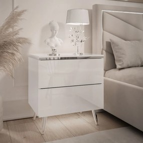NOČNÝ STOLÍK NESSIE 2 BIELY LESK + STRIEBORNÝ NOŽIČKY 13 cm LED