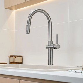 Rea Fresh High, kuchynská batéria s výsuvnou spŕškou, brúsená oceľ, REA-B6330