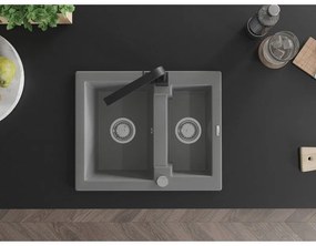 Mexen Carlos, 1,5-komorový granitový drez s odkvapkávačom 582x475x177 mm a čierna kuchynská batéria Rita, šedá, 6518-71-670300-70