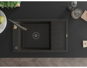 Mexen Elias, 1-komorový granitový drez 795x480x200 mm a drezová batéria Aster, čierna-zlatá metalíza, 6511-75-73450-57-B