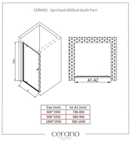 Cerano Ferri, 1-krídlové sprchové dvere 90x195 cm, 6mm číre sklo, čierny profil, CER-CER-425635