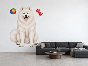 Samojed s loptičkou a kosťou realistické textilné nálepky na stenu pre milovníkov samojedov hárok 30 x 46 cm