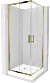Mexen Rio, štvorcový sprchovací kút s posuvnými dverami 80(dvere) x 80(dvere) x 190 cm, 6mm číre sklo, zlatý profil + biela sprchová vanička RIO, 860-080-080-50-00-4510